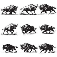 Mascot of running angry buffalo, Clean Black and white Vector silhouette of a Buffalo