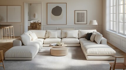 Cozy and inviting modern living room with a sprawling modular sectional sofa in a muted color hue clean lined furniture and an abundance of natural light