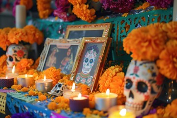 A vibrant ofrenda altar adorned with marigolds and candles for the Day of the Dead celebration