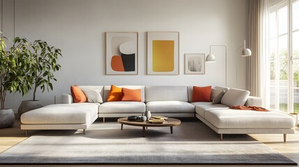 Cozy and Inviting Modern Living Room with Comfortable Sectional Sofa and Minimalist Scandinavian Inspired Stylish Decor Bright Accents Creating a Warm and Welcoming Atmosphere
