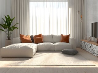 Cozy and Inviting Modern Living Room with Comfortable Sectional Sofa Minimalist Stylish Decor Accent Pillows Natural Light Filtering Through Sheer Curtains Geometric Media Console