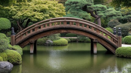 A wooden bridge spans a calm lake in a picturesque park, surrounded by lush trees and vibrant foliage, offering a peaceful spot for leisure and contemplation