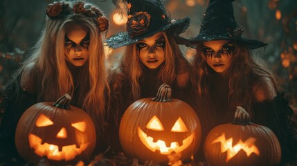 Halloween Witches and Pumpkins in Spooky Autumn Forest