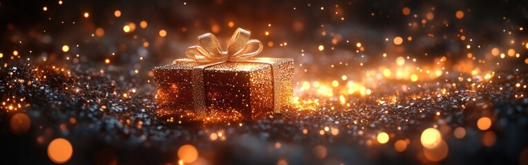 A beautiful gift with a gold bow, glowing lights, and a festive holiday vibe