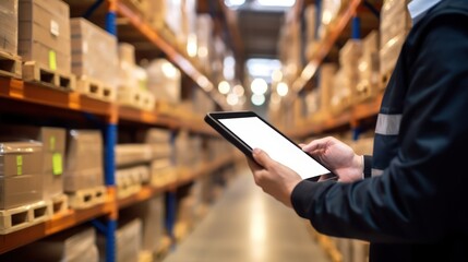 Warehouse Worker Using a Tablet for Inventory Management