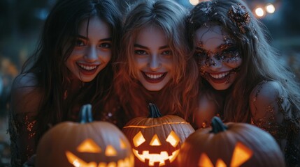 Halloween Witches and Pumpkins in Spooky Autumn Forest