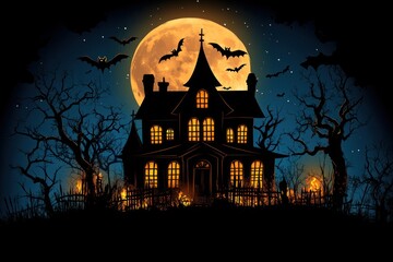 A dark, eerie haunted house silhouette looms beneath a glowing full moon