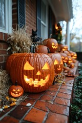 Obraz premium Carved pumpkins glow warmly on a porch, creating a festive autumn atmosphere