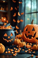 Obraz premium A Halloween-themed table features spooky pumpkins and a cauldron filled with treats