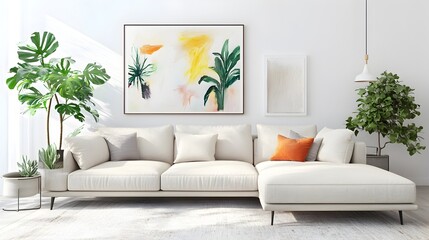 Cozy and Inviting Modern Living Room with Large Comfortable Sectional Sofa and Minimalist Stylish Decor Abstract Artwork and Potted Plants Bringing a Touch of Nature Indoors