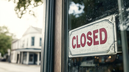 Closed sign hanging on a glass door of a shop with street reflection in the background