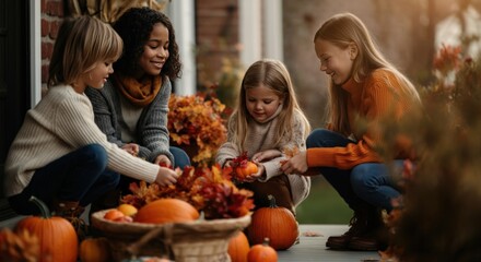 Fototapeta premium Group of kids enjoying autumn time surrounded by pumpkins and fall leaves.