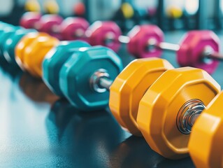 Obraz premium Weight training with vibrant dumbbells, sleek gym setup, dynamic energy.