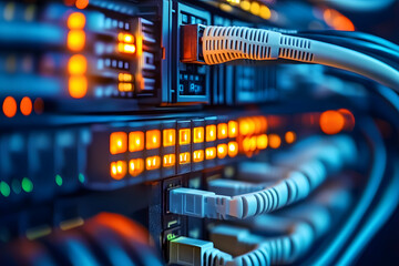 Data Cables. Network Switch and Ethernet Cables in Data Center Technology