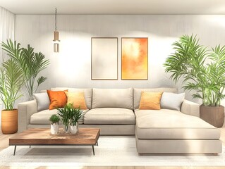Cozy and Inviting Modern Living Room with Large Comfortable Sectional Sofa Minimalist Stylish Decor Bright Potted Plants and Natural Wood Tones Bringing a Touch of Nature