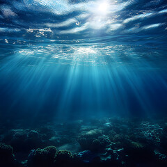  Underwater sea in blue sunlight. Based on Generative AI
