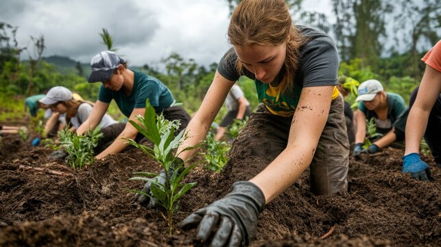 A dedicated group of volunteers works in a deforested area, planting young trees to aid in reforestation initiatives and restore natural habitats