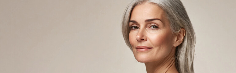 Obraz premium Portrait of serene mature woman with gray hair and light background