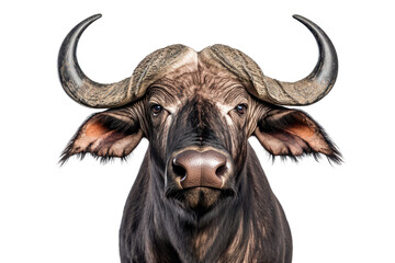 Naklejka premium A close-up portrait of a majestic bull showcasing its powerful horns and intense gaze, perfect for wildlife and nature themes., transparent background.