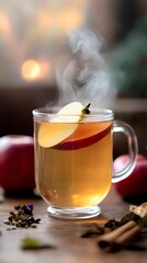
A steaming cup of apple herbal tea, with visible steam rising from the glass and an apple slice floating on top.