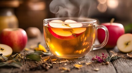 Fototapeta premium A steaming cup of apple herbal tea, with visible steam rising from the glass and an apple slice floating on top.
