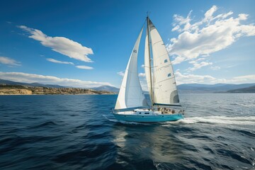Fototapeta premium A sailing yacht in the sea on the background of the sky and mountains.