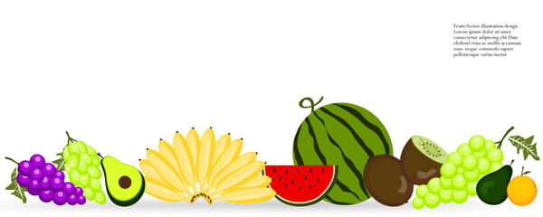 Fruits vector isolated on white. Fresh fruits template. Black grapes, white grapes, avocado, banana, watermelon, kiwi, orange. Vitamin nutrition. Fruits art banner. 