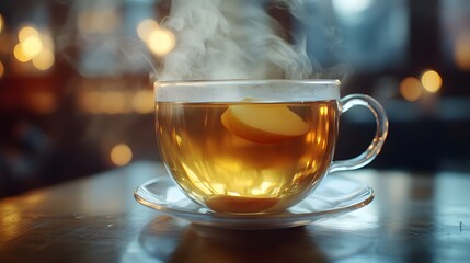 
A steaming cup of apple herbal tea, with visible steam rising from the glass and an apple slice floating on top.