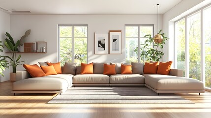 Fototapeta premium Cozy and Inviting Modern Living Room with Large Comfortable Sectional Sofa Warm Bright Accents and Minimalist Stylish Decor Creating a Welcoming Atmosphere with Lighting and Photographic Details
