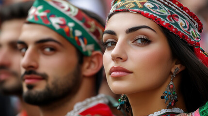 Obraz premium A Bulgarian festival where men and women wear their national dress, parading through the streets with pride