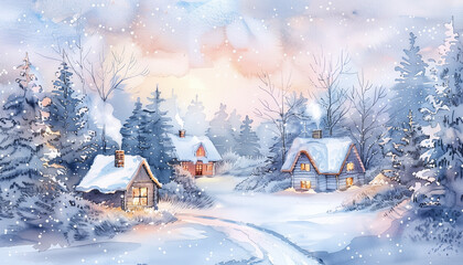 A cozy watercolor winter landscape in the early morning