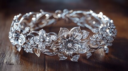 Obraz premium Exquisite White Gold Floral Bracelet with Lush Interwoven Flowers Vines and Ornate Filigree Detailing Accented by Radiant Diamond Highlights and Virtuosic Artisan Craftsmanship