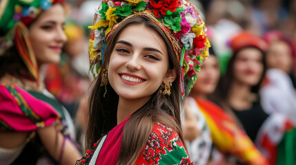 Fototapeta premium A colorful parade during a Bulgarian cultural festival, featuring dancers, musicians, and decorated floats celebrating national heritage