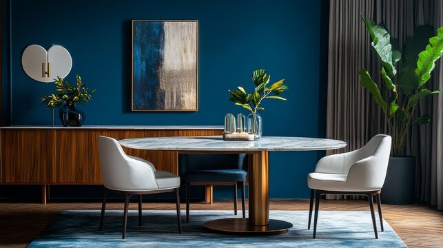 A stunning dining space highlights a polished marble table surrounded by sleek chairs, accentuated by modern decor and vibrant greenery in a stylish setting