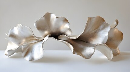 Exquisite white gold floral cuff featuring sculptural floral elements with clean modern lines and abstract expressionist brushstrokes showcasing a sleek contemporary interior aesthetic