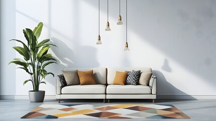 Cozy and inviting modern living room with modular loveseat geometric area rug and hanging pendant lights bathed in the bright afternoon radiance