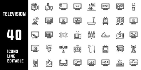 40 Television Icons Set Pack Line Editable Vector Illustration