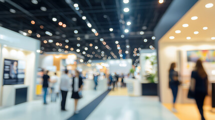 Blurred background of a business exhibition with exhibit booths at a convention center with people walking around looking at exhibits.