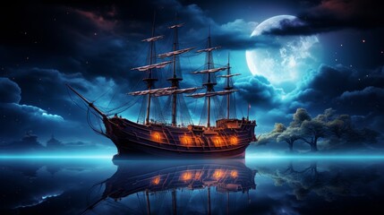 Fototapeta premium A solitary ship illuminated by the moon sails through a dark ocean, evoking mystery and solitude.