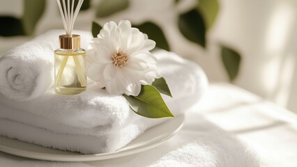 Relaxing spa still life with towels, flowers, and aromatherapy essentials for a soothing experience