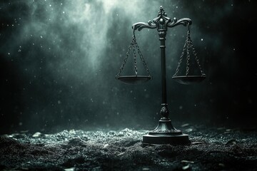 A vintage scale of justice stands on a dark, textured surface with smoky and foggy lighting.
