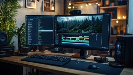 Naklejka premium A modern Freelance work workspace featuring an empty desk with a laptop, monitor, keyboard, and mouse in a well-designed room