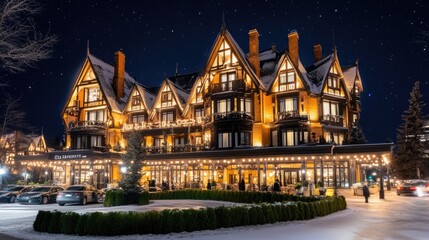 The charming hotel complex in Koppers glows at night, with beautifully manicured hedges and parked cars highlighting its elegant architecture and inviting atmosphere