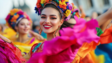 Fototapeta premium A vibrant display of Bulgarian culture, featuring traditional folk dancers in colorful costumes performing in front of a historical monument