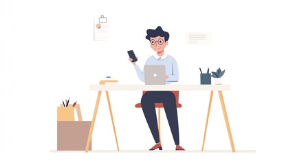Illustration of a person working at a desk using a laptop and smartphone, surrounded by office supplies, emphasizing productivity and technology.
