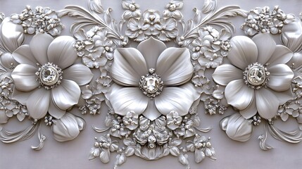 Obraz premium Exquisite White Gold Floral Jewelry with Intricate Metalwork and Shimmering Gemstones A Captivating Depiction of Classical Goldsmithing Techniques in a Baroque Renaissance Style with a Lush Velvet