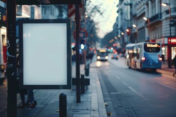 A white billboard sits on a sidewalk in front of a tree, generative ai image