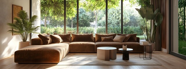 Fototapeta premium Cozy and Inviting Modern Living Room with Plush Velvet Sectional Minimalist Side Tables and Large Windows Offering Stunning Garden Views in a Bright Sunlit Atmosphere