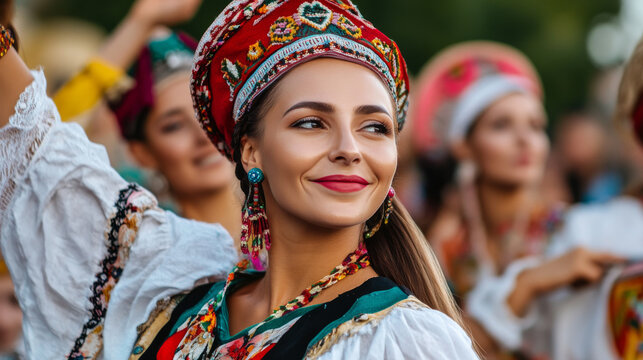 Bulgarian folk dancers performing on an outdoor stage during a cultural festival, with an audience of all ages watching
