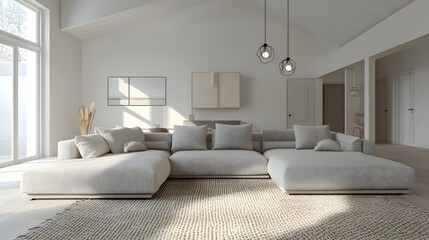 Fototapeta premium Cozy and Inviting Modern Living Room with Stylish Sectional Sofa and Minimalist Decor Open Layout High Ceilings and Textured Rug Add Visual Interest to this Contemporary Scandinavian Aesthetic Space